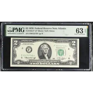 $2 1976 Green seal Small Size $2 Federal Reserve Notes 1935-F*
