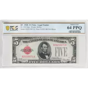 $5 1928 red seal. Small Legal Tender Notes 1525 (2)